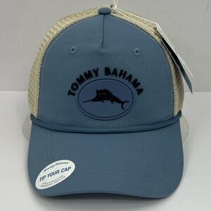 TOMMY BAHAMA CAP/HAT, 3D MARLON FISH & TOMMY LOGO IN RUBBER, BLUE WITH TAN MESH